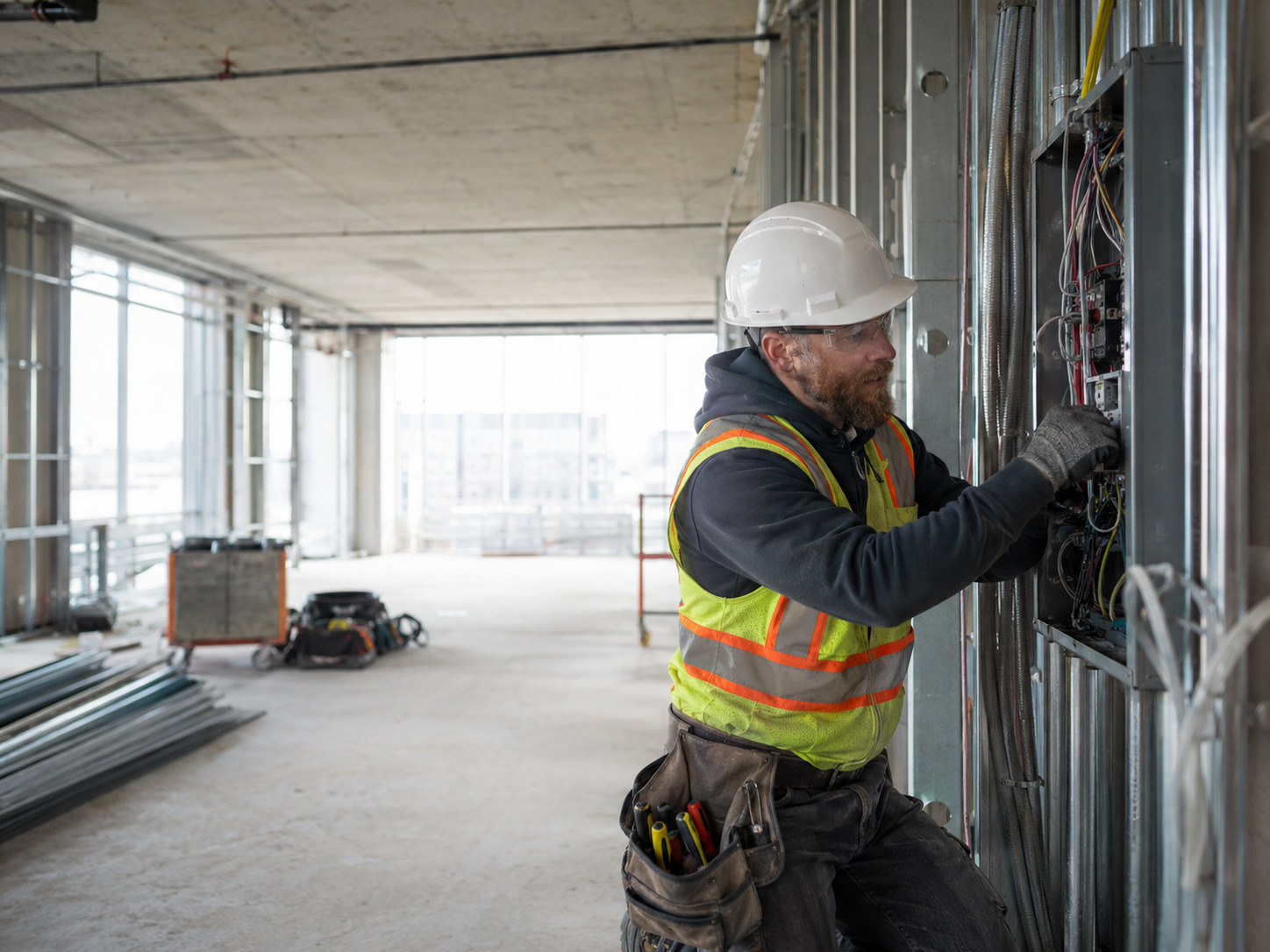 Commercial electrician working on an active jobsite