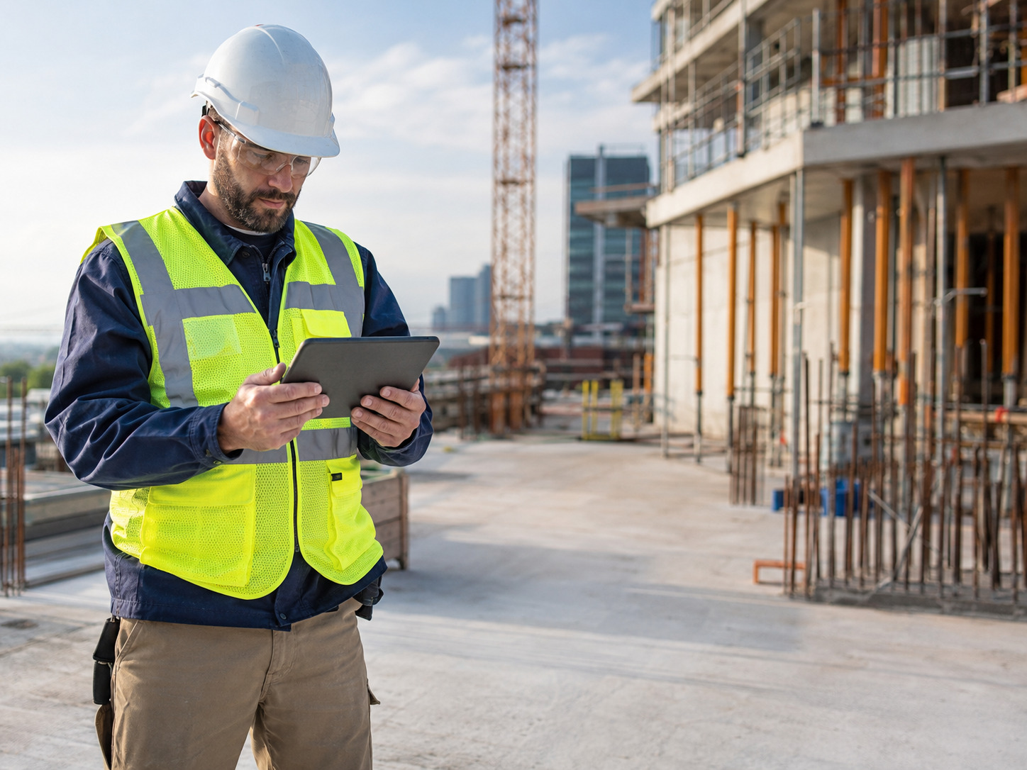 Trades supervisor using a tablet on a commercial jobsite