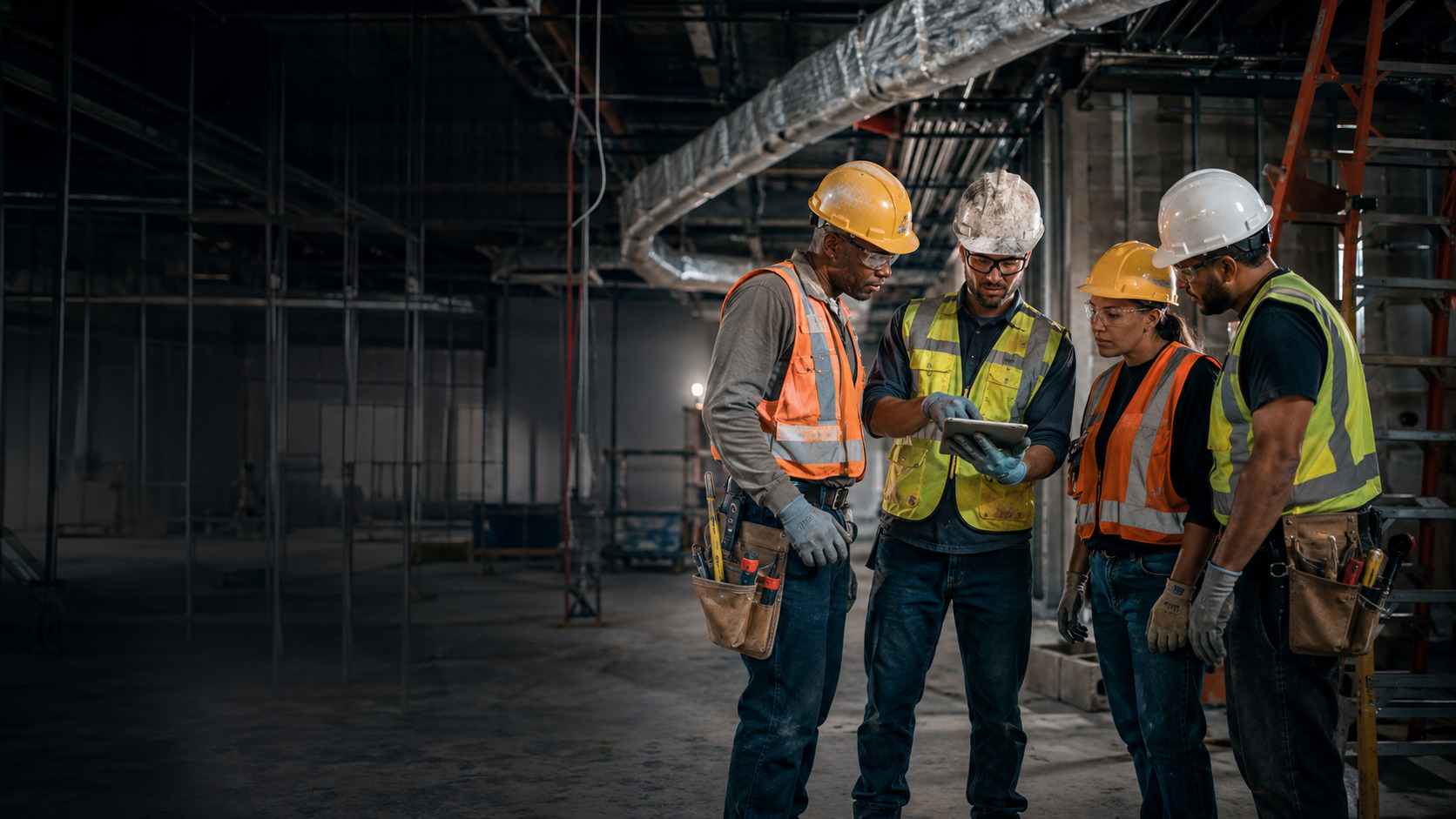 Skilled tradespeople collaborating on a commercial jobsite